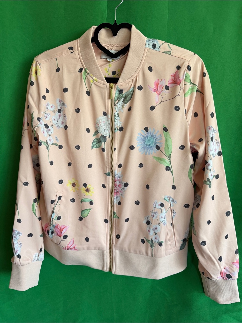 Floral Cream Bomber Jacket with Black Polka Dots